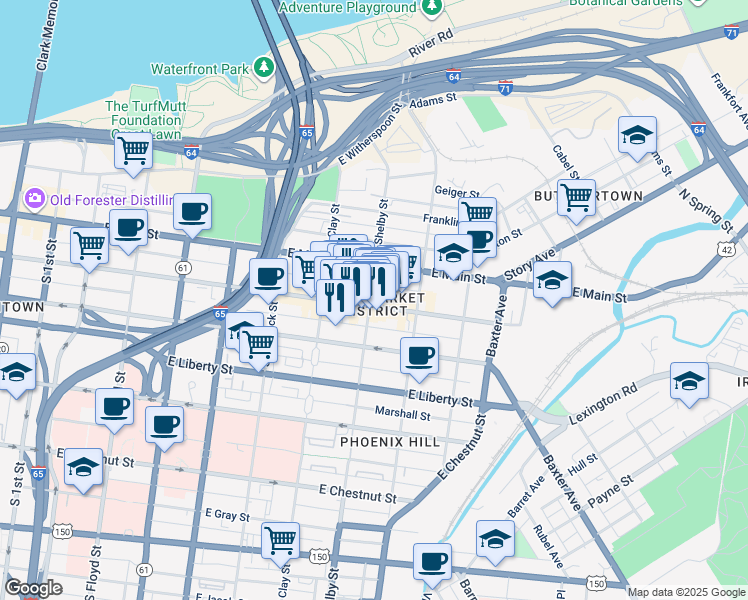 map of restaurants, bars, coffee shops, grocery stores, and more near in Louisville