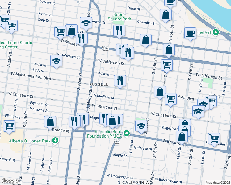 map of restaurants, bars, coffee shops, grocery stores, and more near 517 South 19th Street in Louisville