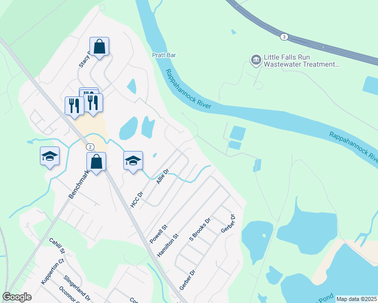 map of restaurants, bars, coffee shops, grocery stores, and more near 10803 Allie Place in Fredericksburg