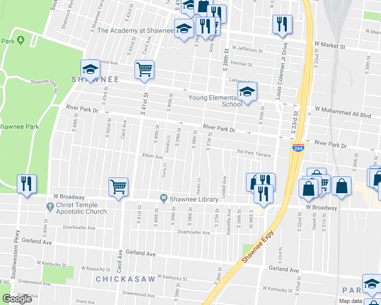 map of restaurants, bars, coffee shops, grocery stores, and more near 646 South 38th Street in Louisville