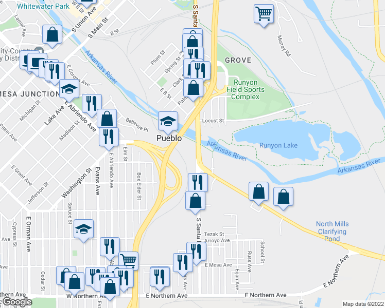 map of restaurants, bars, coffee shops, grocery stores, and more near 751 South Santa Fe Avenue in Pueblo