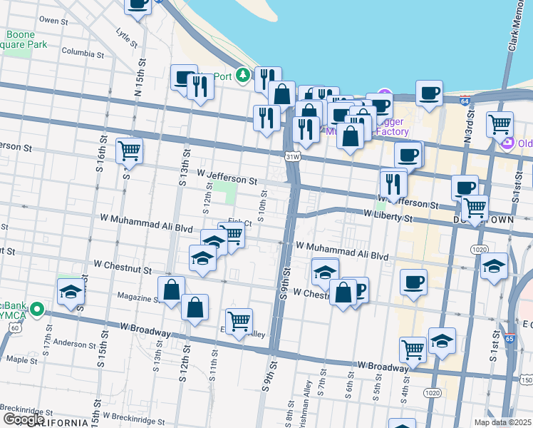 map of restaurants, bars, coffee shops, grocery stores, and more near 421 South 10th Street in Louisville