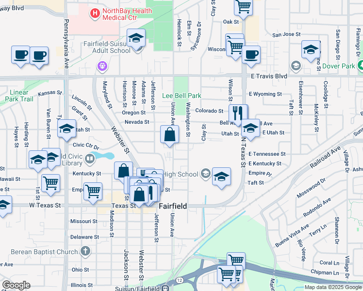 map of restaurants, bars, coffee shops, grocery stores, and more near 525 Carpenter Street in Fairfield