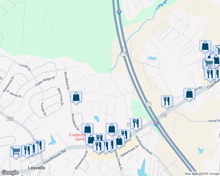 map of restaurants, bars, coffee shops, grocery stores, and more near 5000 Strauss Court in Fredericksburg