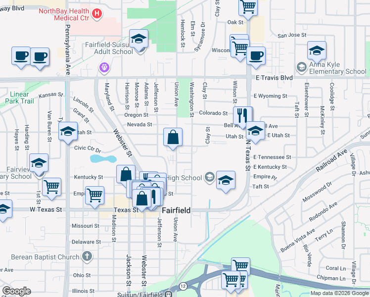 map of restaurants, bars, coffee shops, grocery stores, and more near 523 Carpenter Street in Fairfield