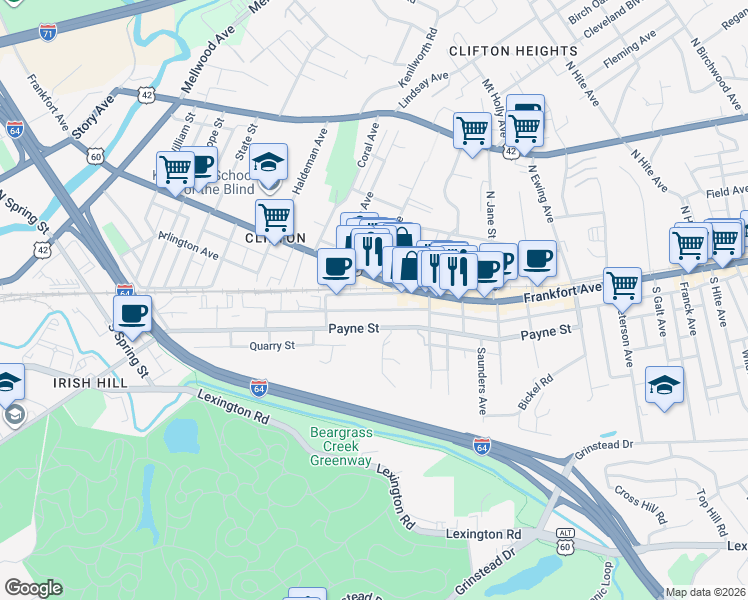 map of restaurants, bars, coffee shops, grocery stores, and more near 2106 New Main Street in Louisville