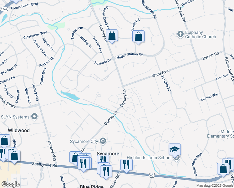 map of restaurants, bars, coffee shops, grocery stores, and more near 506 Dorsey Lane in Louisville