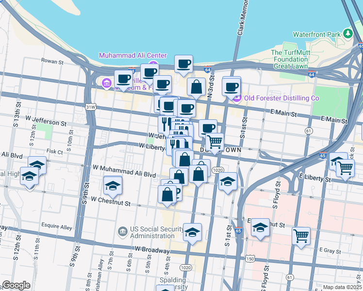 map of restaurants, bars, coffee shops, grocery stores, and more near in Louisville