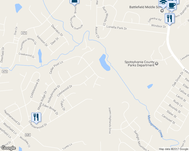 map of restaurants, bars, coffee shops, grocery stores, and more near 10925 Crestwood Drive in Spotsylvania