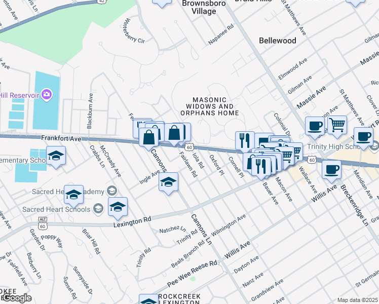 map of restaurants, bars, coffee shops, grocery stores, and more near 100 Iola Road in Louisville