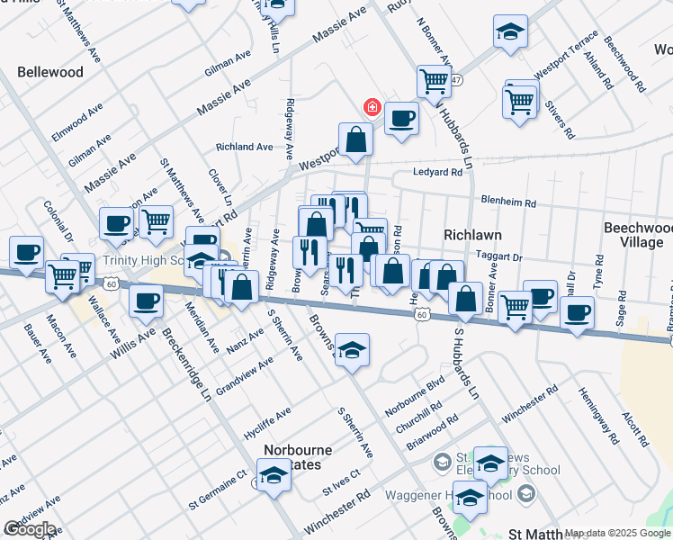 map of restaurants, bars, coffee shops, grocery stores, and more near 116-118 Thierman Lane in Saint Matthews