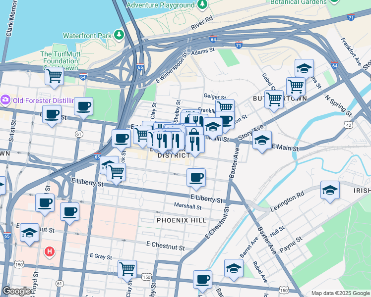 map of restaurants, bars, coffee shops, grocery stores, and more near 822 East Market Street in Louisville