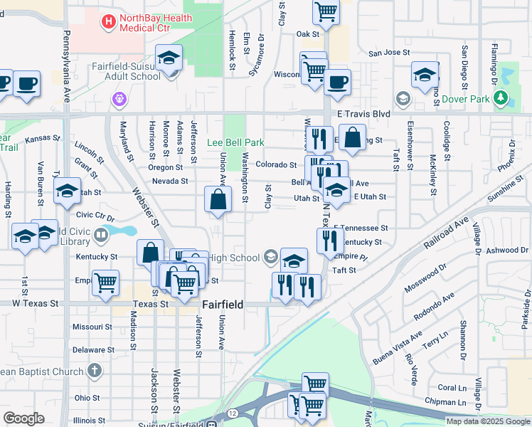 map of restaurants, bars, coffee shops, grocery stores, and more near 1038 Washington Street in Fairfield