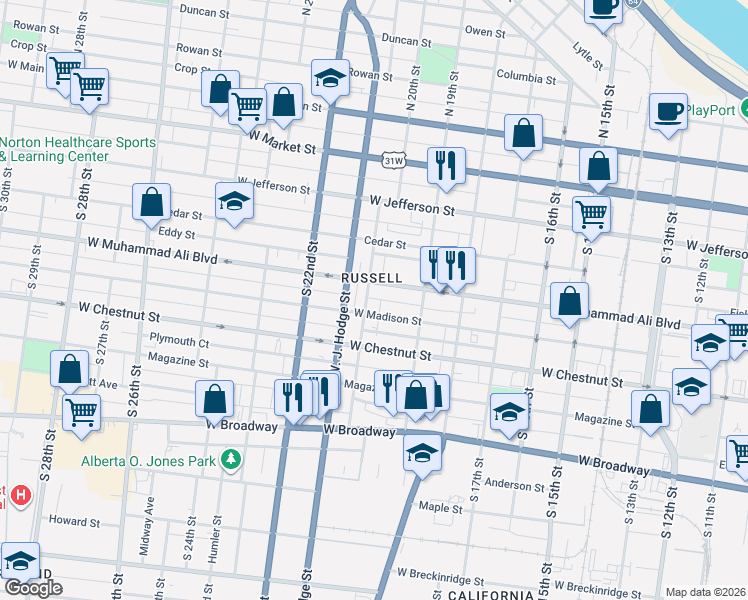 map of restaurants, bars, coffee shops, grocery stores, and more near 527 South 20th Street in Louisville
