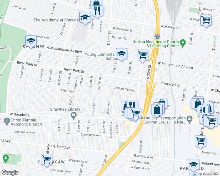 map of restaurants, bars, coffee shops, grocery stores, and more near 633 Lindell Avenue in Louisville