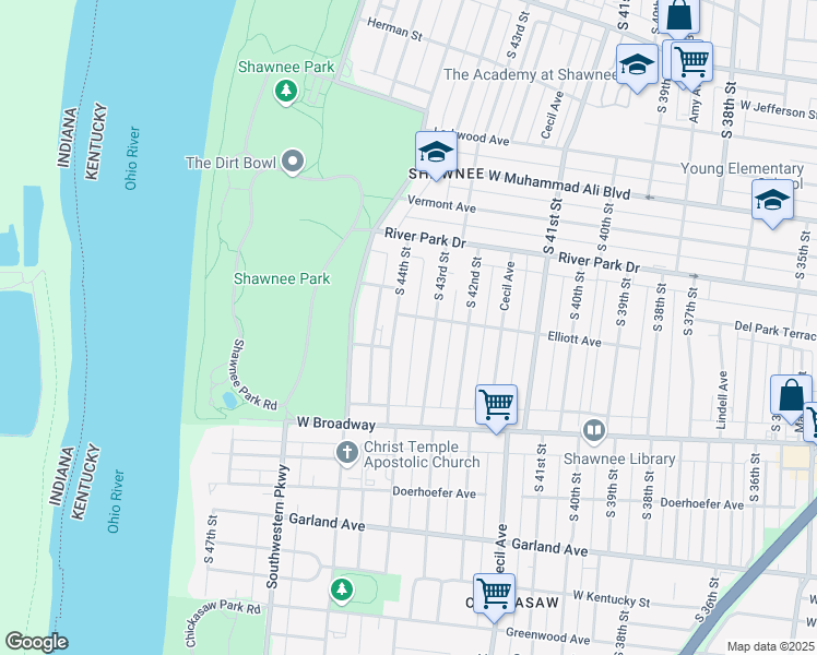 map of restaurants, bars, coffee shops, grocery stores, and more near 654 South 43rd Street in Louisville