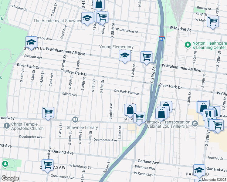 map of restaurants, bars, coffee shops, grocery stores, and more near 3612 Del Park Terrace in Louisville