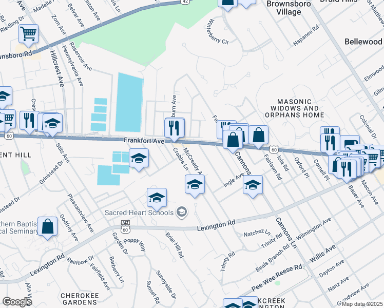 map of restaurants, bars, coffee shops, grocery stores, and more near 134 McCready Avenue in Louisville