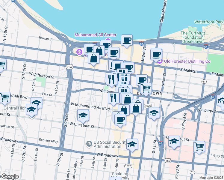 map of restaurants, bars, coffee shops, grocery stores, and more near 500 West Jefferson Street in Louisville