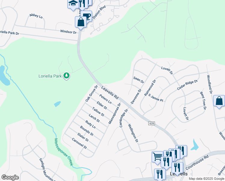 map of restaurants, bars, coffee shops, grocery stores, and more near 10817 Leavells Road in Fredericksburg