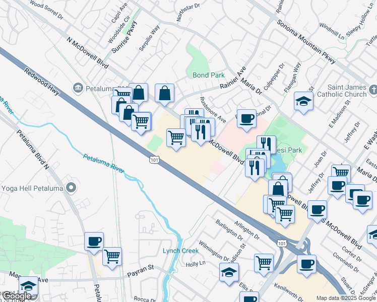 map of restaurants, bars, coffee shops, grocery stores, and more near 429 North McDowell Boulevard in Petaluma