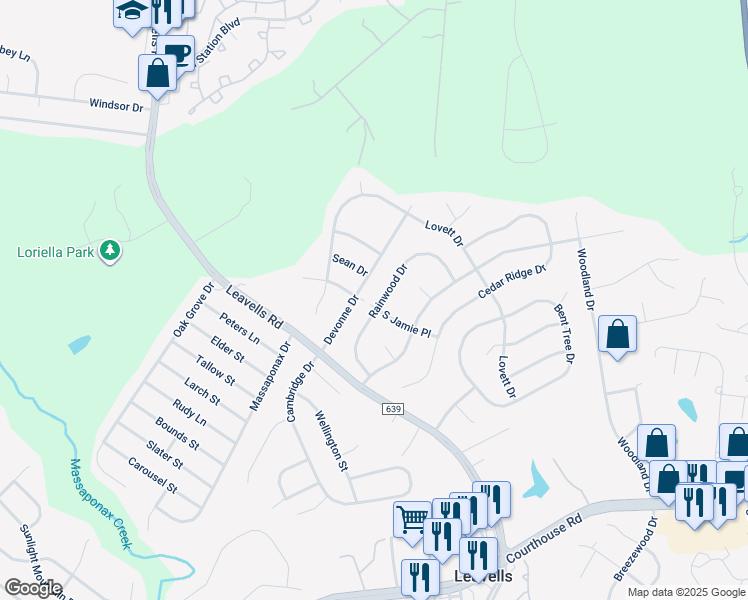 map of restaurants, bars, coffee shops, grocery stores, and more near 5433 Rainwood Drive in Fredericksburg