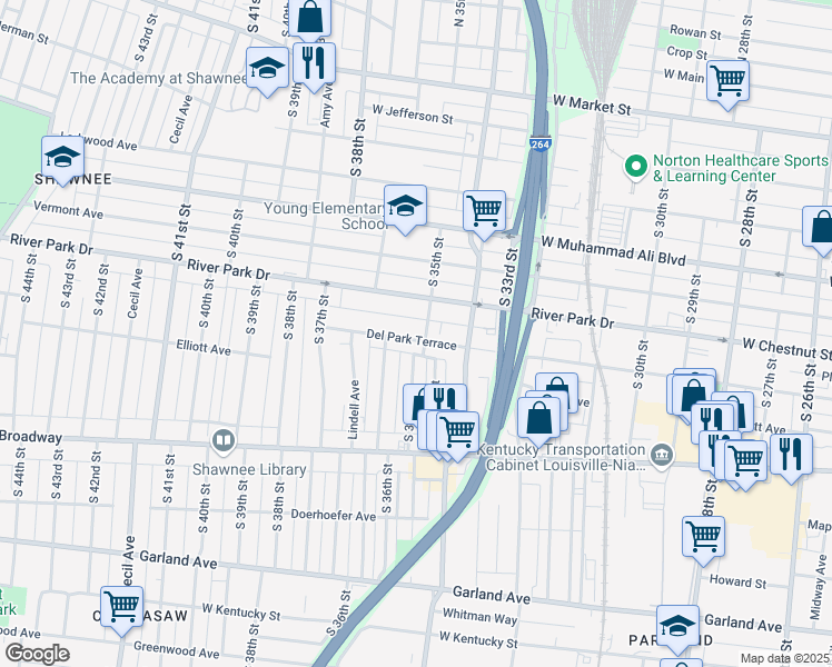 map of restaurants, bars, coffee shops, grocery stores, and more near 3505 Del Park Terrace in Louisville