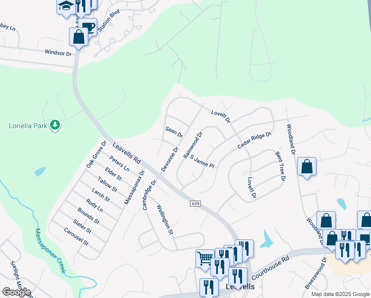 map of restaurants, bars, coffee shops, grocery stores, and more near 5433 Rainwood Drive in Fredericksburg