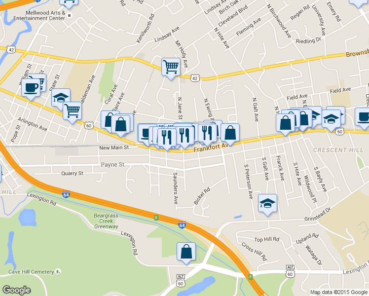 map of restaurants, bars, coffee shops, grocery stores, and more near 2309 Frankfort Avenue in Louisville