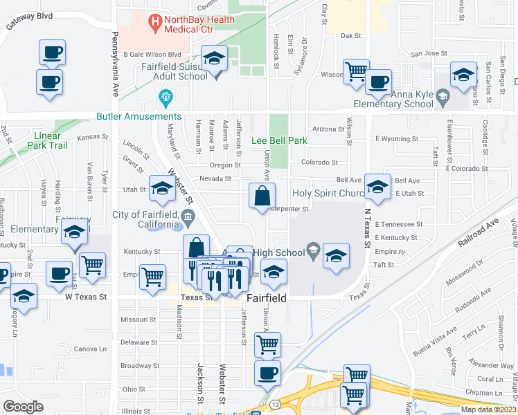 map of restaurants, bars, coffee shops, grocery stores, and more near 1050 Jefferson Street in Fairfield