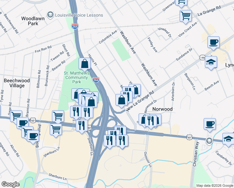 map of restaurants, bars, coffee shops, grocery stores, and more near 417 Harris Place in Louisville