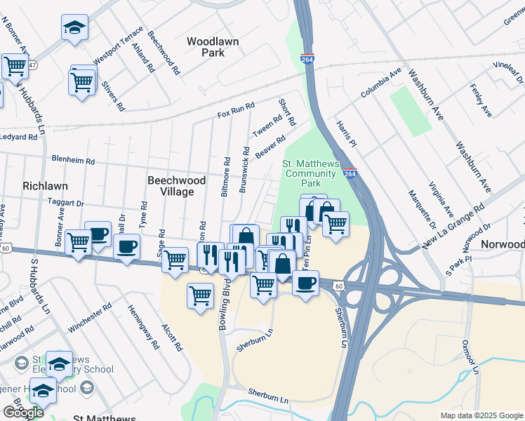 map of restaurants, bars, coffee shops, grocery stores, and more near 245 Stonehenge Drive in Saint Matthews