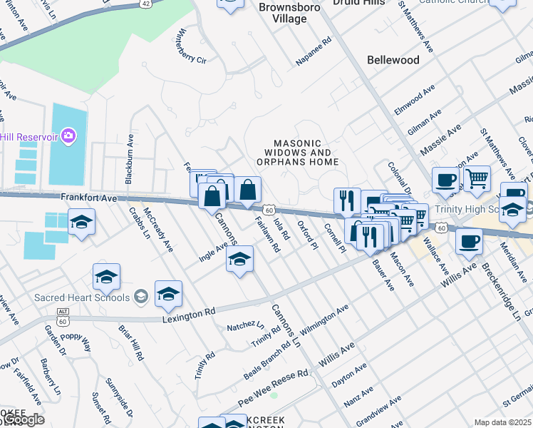 map of restaurants, bars, coffee shops, grocery stores, and more near 106 Iola Road in Saint Matthews