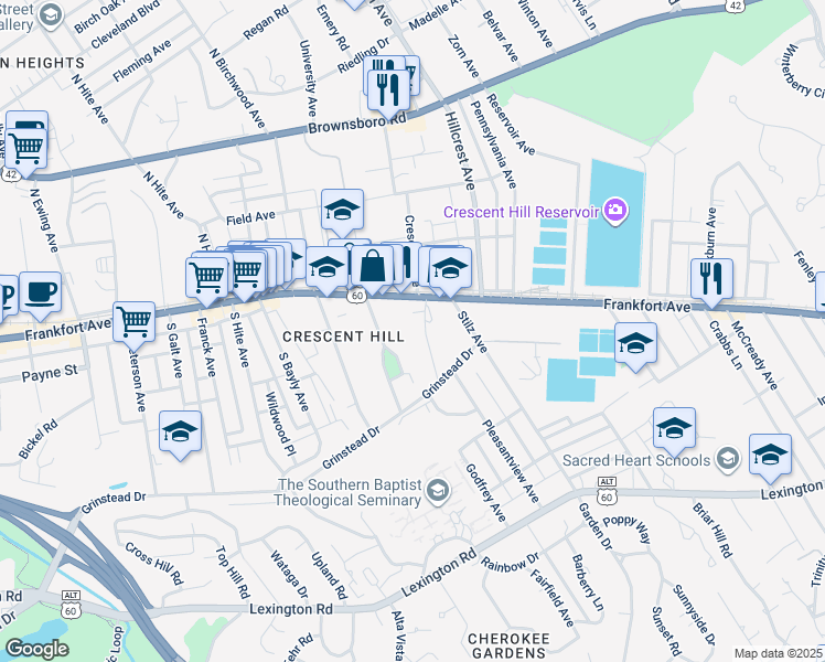 map of restaurants, bars, coffee shops, grocery stores, and more near 215 Kennedy Court in Louisville