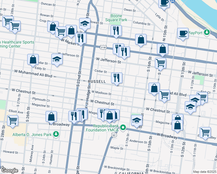 map of restaurants, bars, coffee shops, grocery stores, and more near 1921 West Madison Street in Louisville