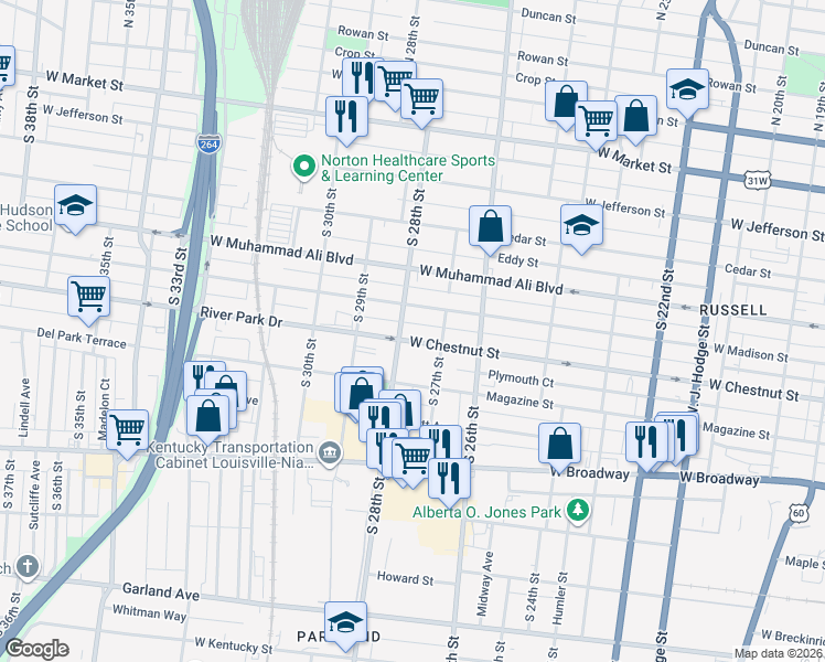 map of restaurants, bars, coffee shops, grocery stores, and more near 2718 West Chestnut Street in Louisville