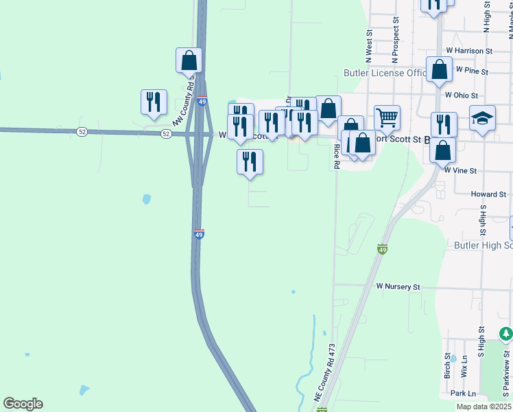 map of restaurants, bars, coffee shops, grocery stores, and more near 20 Fran Avenue in Butler
