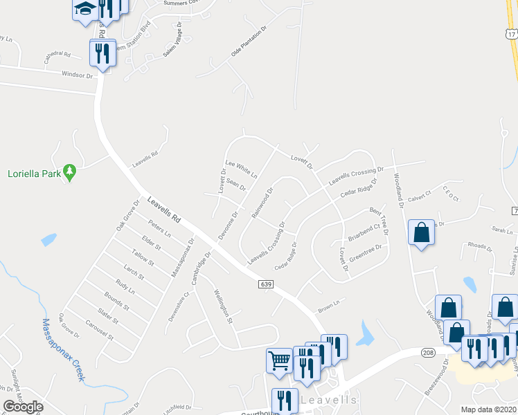 map of restaurants, bars, coffee shops, grocery stores, and more near 5430 Rainwood Drive in Fredericksburg