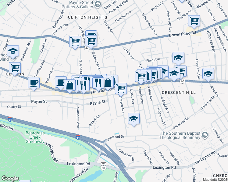 map of restaurants, bars, coffee shops, grocery stores, and more near 115 South Ewing Avenue in Louisville