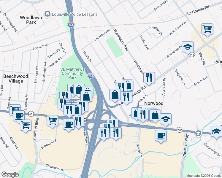 map of restaurants, bars, coffee shops, grocery stores, and more near 417 Harris Place in Louisville
