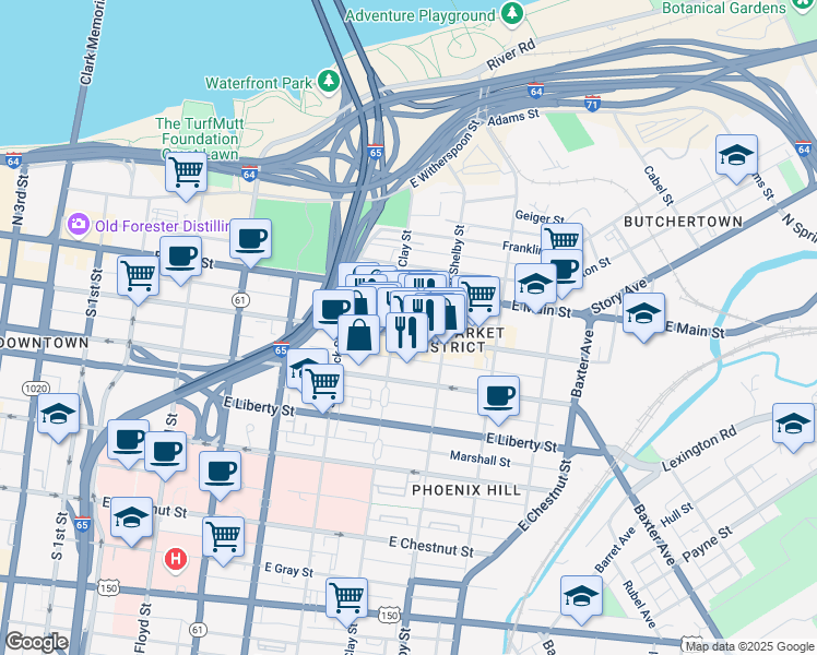 map of restaurants, bars, coffee shops, grocery stores, and more near 211 South Clay Street in Louisville