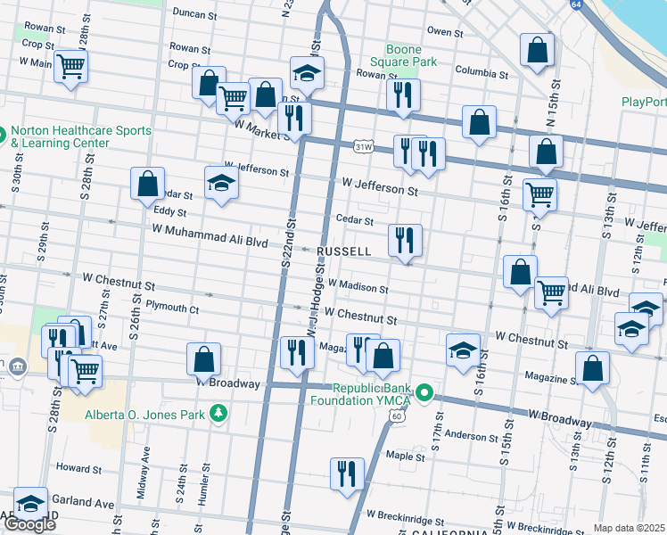 map of restaurants, bars, coffee shops, grocery stores, and more near 514 South 20th Street in Louisville