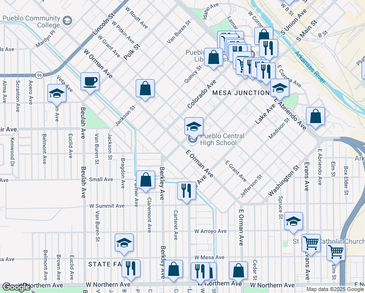 map of restaurants, bars, coffee shops, grocery stores, and more near 215 East Orman Avenue in Pueblo