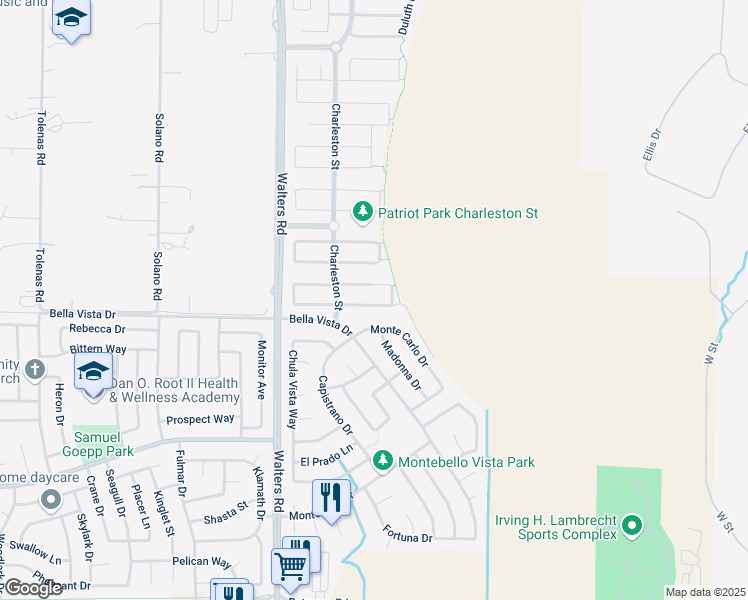 map of restaurants, bars, coffee shops, grocery stores, and more near 1629 Hickam Circle in Suisun City