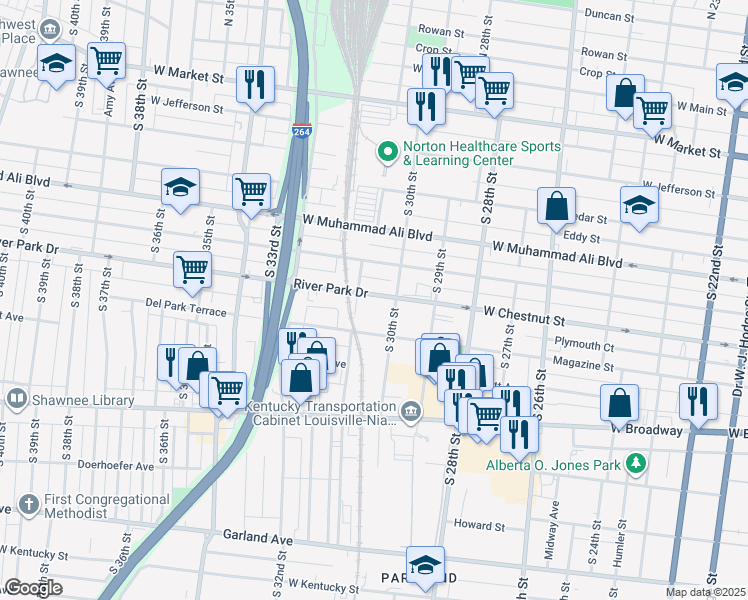 map of restaurants, bars, coffee shops, grocery stores, and more near 3001 Magazine Street in Louisville
