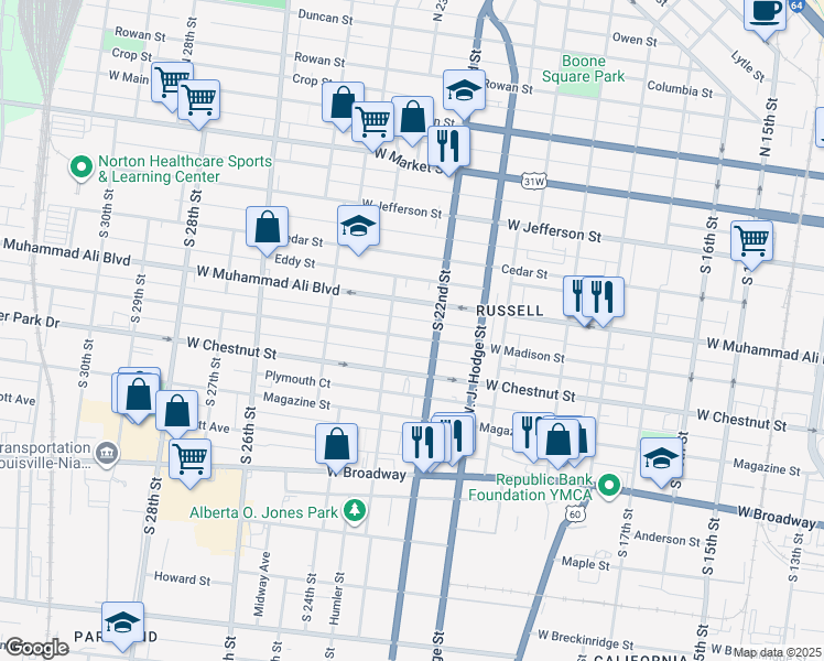 map of restaurants, bars, coffee shops, grocery stores, and more near 2208 West Madison Street in Louisville