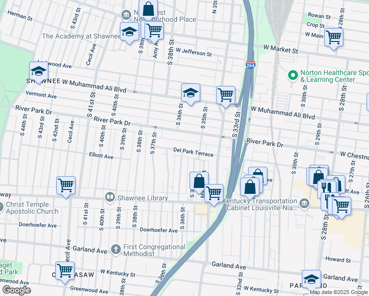 map of restaurants, bars, coffee shops, grocery stores, and more near 3527 Del Park Terrace in Louisville
