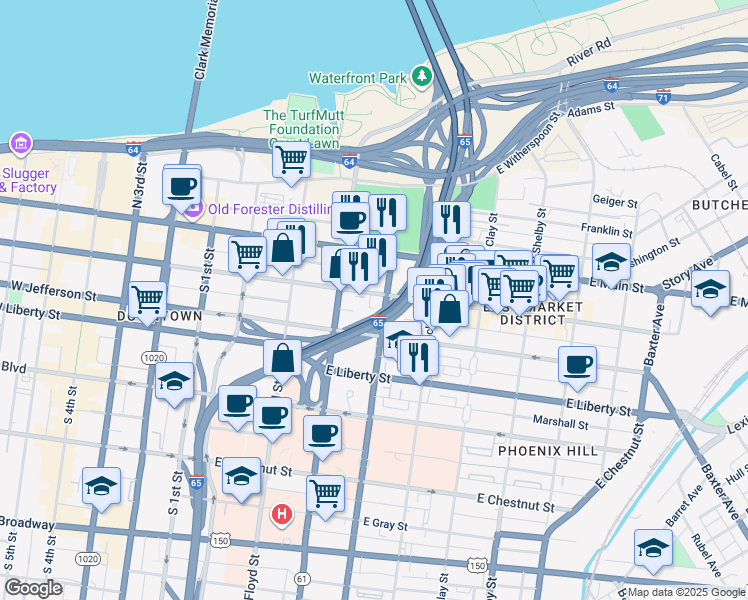 map of restaurants, bars, coffee shops, grocery stores, and more near 430 East Market Street in Louisville
