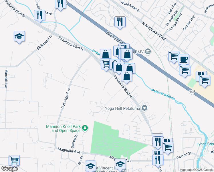 map of restaurants, bars, coffee shops, grocery stores, and more near 60 Jessie Lane in Petaluma