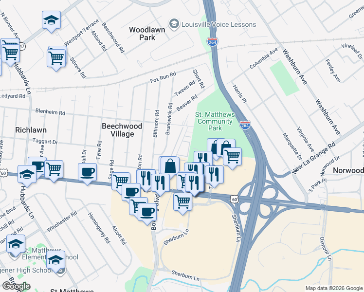 map of restaurants, bars, coffee shops, grocery stores, and more near 245 Stonehenge Drive in Saint Matthews